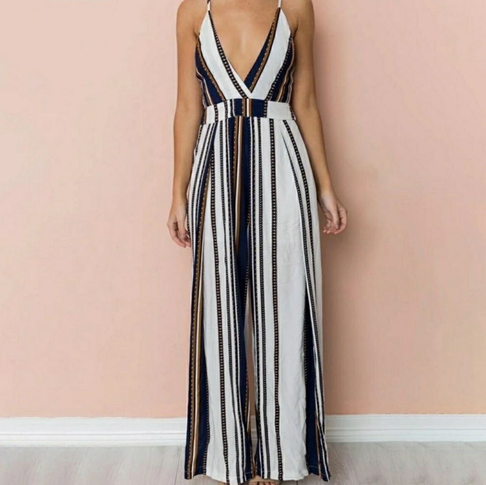Striped v Neck Jumpsuit - Picture 2 of 7